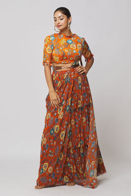 Diyarajvvir_Orange Georgette, Modal, Linen Sequins, Printed Pre-draped Saree With Blouse _Online_at_Aza_Fashions