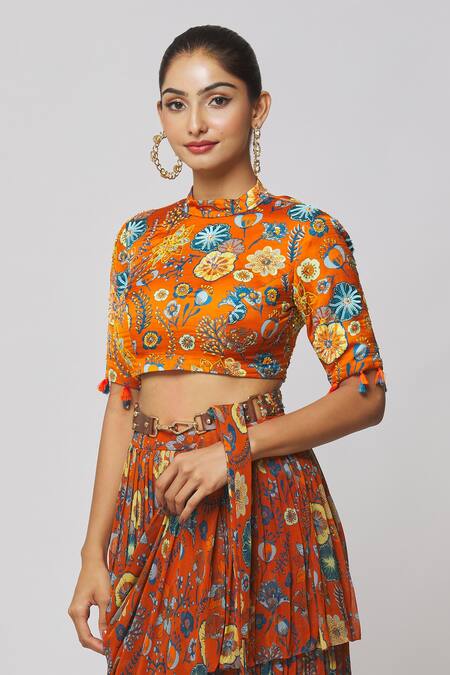 Shop_Diyarajvvir_Orange Georgette, Modal, Linen Sequins, Printed Pre-draped Saree With Blouse _Online_at_Aza_Fashions