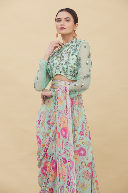 Shop_Diyarajvvir_Green Floral Motifs High Neck Pre-draped Saree With Embroidered Blouse _Online_at_Aza_Fashions