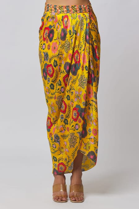 Diyarajvvir_Yellow Georgette, Lining Shantoon, Modal Cutdana, Print And Dhoti Skirt Set _Online_at_Aza_Fashions