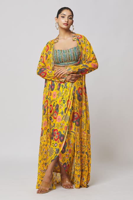 Buy_Diyarajvvir_Yellow Georgette, Lining Shantoon, Modal Cutdana, Print And Dhoti Skirt Set _Online_at_Aza_Fashions