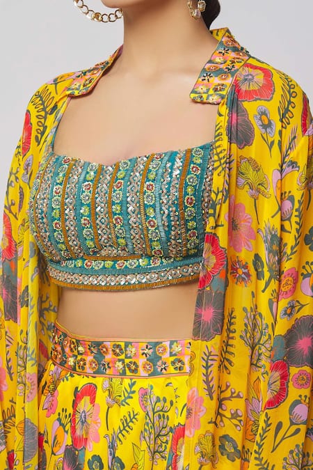 Shop_Diyarajvvir_Yellow Georgette, Lining Shantoon, Modal Cutdana, Print And Dhoti Skirt Set _Online_at_Aza_Fashions