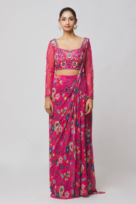 Diyarajvvir_Fuchsia Georgette, Lining Shantoon, Modal Printed Sharara Saree With Blouse _at_Aza_Fashions