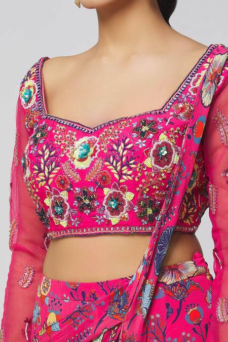 Buy_Diyarajvvir_Fuchsia Georgette, Lining Shantoon, Modal Printed Sharara Saree With Blouse _Online_at_Aza_Fashions