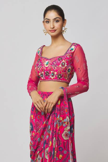 Shop_Diyarajvvir_Fuchsia Georgette, Lining Shantoon, Modal Printed Sharara Saree With Blouse _Online_at_Aza_Fashions