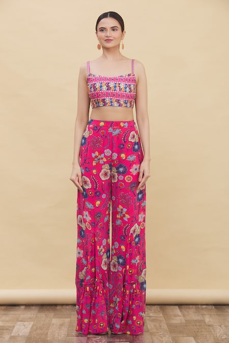 Diyarajvvir_Pink Floral Motifs Scoop Neck Printed Palazzo Set With Cape _Online_at_Aza_Fashions