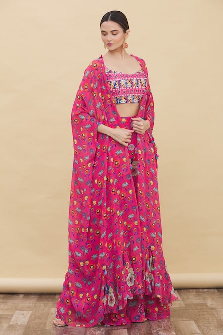 Buy_Diyarajvvir_Pink Floral Motifs Scoop Neck Printed Palazzo Set With Cape _Online_at_Aza_Fashions