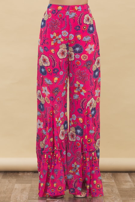 Diyarajvvir_Pink Floral Motifs Scoop Neck Printed Palazzo Set With Cape _at_Aza_Fashions