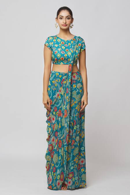 Diyarajvvir_Blue Georgette, Lining Shantoon, Modal Flower Print Sharara Saree With Blouse _Online_at_Aza_Fashions