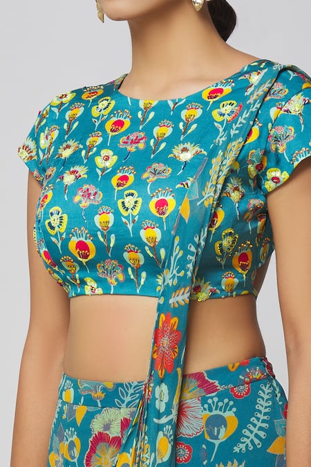 Shop_Diyarajvvir_Blue Georgette, Lining Shantoon, Modal Flower Print Sharara Saree With Blouse _Online_at_Aza_Fashions