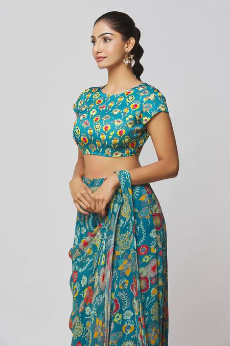 Diyarajvvir_Blue Georgette, Lining Shantoon, Modal Flower Print Sharara Saree With Blouse _at_Aza_Fashions