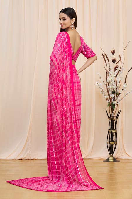 Shop_Yoshita Couture_Pink Border Satin And Blouse Georgette, Lining Shantoon, Alaina Tie Dye With _at_Aza_Fashions