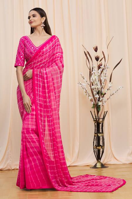 Buy_Yoshita Couture_Pink Border Satin And Blouse Georgette, Lining Shantoon, Alaina Tie Dye With _Online_at_Aza_Fashions