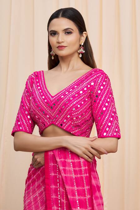 Shop_Yoshita Couture_Pink Border Satin And Blouse Georgette, Lining Shantoon, Alaina Tie Dye With _Online_at_Aza_Fashions