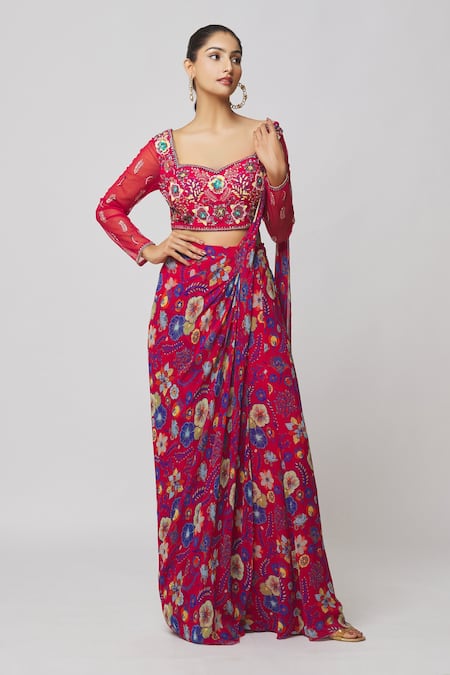 Diyarajvvir_Red Georgette, Modal, Linen Sequins, Embroidery, Cut Sharara Saree With Blouse _Online_at_Aza_Fashions