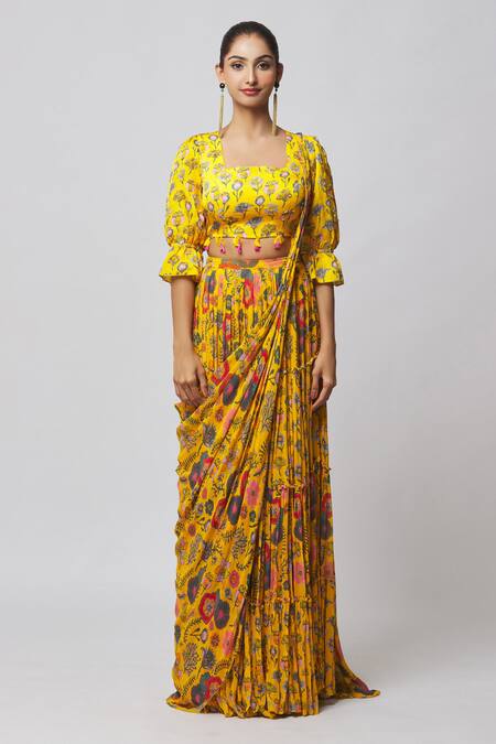 Diyarajvvir_Yellow Georgette, Modal Tassels, Printed Pre-draped Skirt Saree With Blouse _at_Aza_Fashions