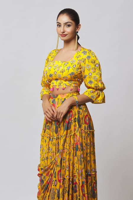 Shop_Diyarajvvir_Yellow Georgette, Modal Tassels, Printed Pre-draped Skirt Saree With Blouse _Online_at_Aza_Fashions