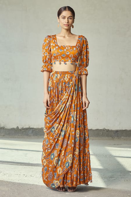 Shop_Diyarajvvir_Orange Georgette, Modal Floral Motifs Square Tiered Draped Saree With Blouse _Online_at_Aza_Fashions