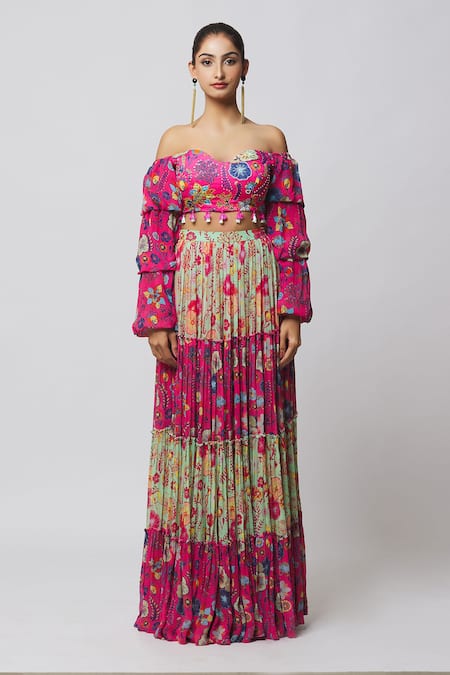 Buy_Diyarajvvir_Fuchsia Georgette, Modal Cut Work, Off Shoulder Blouse And Tiered Skirt Set 