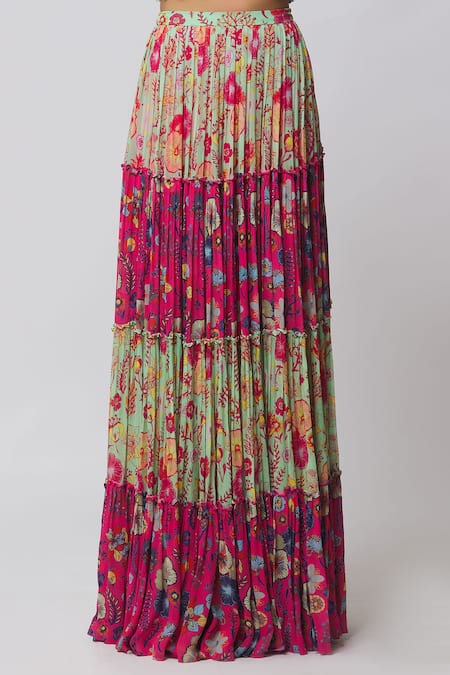 Diyarajvvir_Fuchsia Georgette, Modal Cut Work, Off Shoulder Blouse And Tiered Skirt Set _Online_at_Aza_Fashions