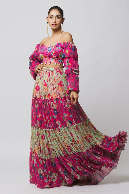 Buy_Diyarajvvir_Fuchsia Georgette, Modal Cut Work, Off Shoulder Blouse And Tiered Skirt Set _Online_at_Aza_Fashions