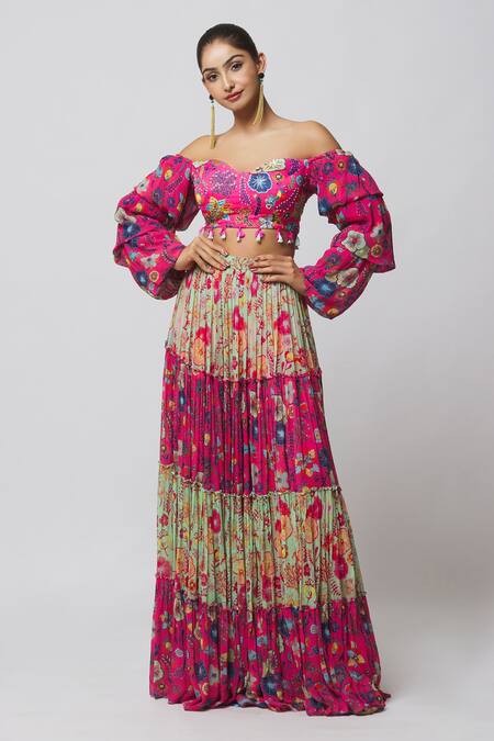 Shop_Diyarajvvir_Fuchsia Georgette, Modal Cut Work, Off Shoulder Blouse And Tiered Skirt Set _Online_at_Aza_Fashions