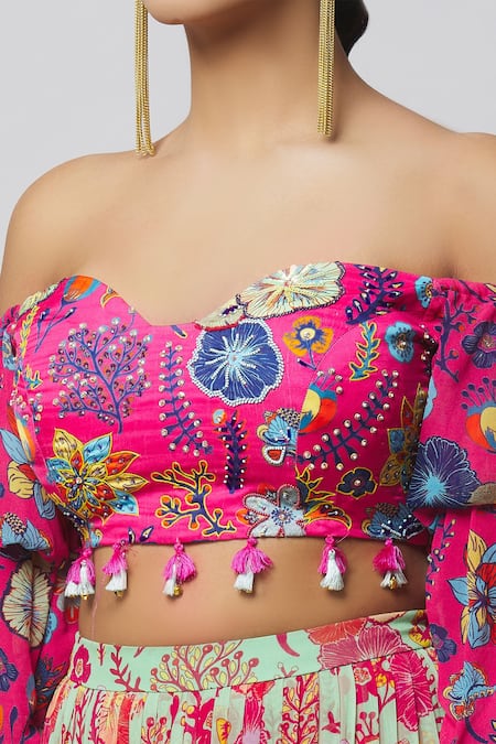 Diyarajvvir_Fuchsia Georgette, Modal Cut Work, Off Shoulder Blouse And Tiered Skirt Set _at_Aza_Fashions