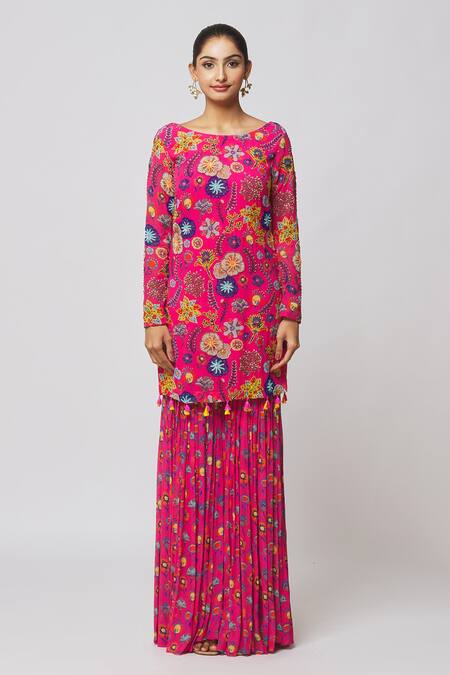 Diyarajvvir_Fuchsia Georgette, Modal Cut Work, Floral Jaal Print Kurta And Gharara Set _at_Aza_Fashions