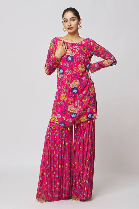 Diyarajvvir_Fuchsia Georgette, Modal Cut Work, Floral Jaal Print Kurta And Gharara Set _Online_at_Aza_Fashions