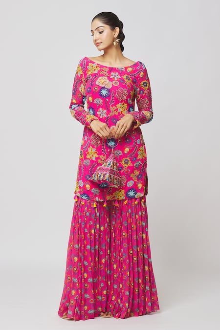 Buy_Diyarajvvir_Fuchsia Georgette, Modal Cut Work, Floral Jaal Print Kurta And Gharara Set _Online_at_Aza_Fashions