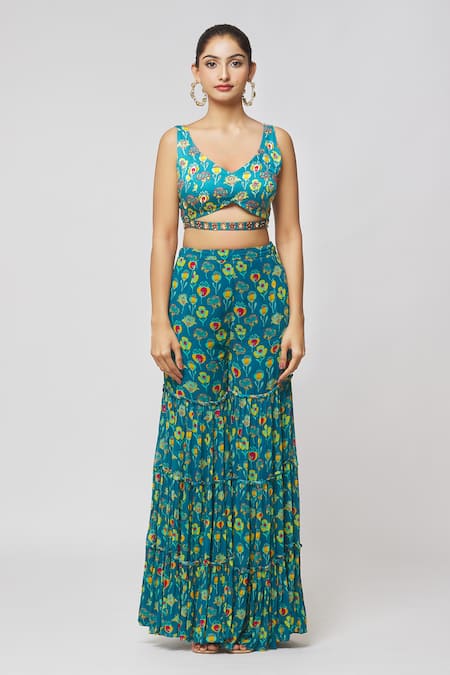 DiyaRajvvir_Blue Georgette Embroidery, Sequins Scoop Neck Printed Cape And Gharara Set _at_Aza_Fashions