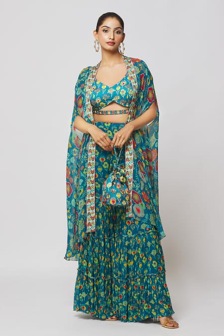Buy_DiyaRajvvir_Blue Georgette Embroidery, Sequins Scoop Neck Printed Cape And Gharara Set _Online_at_Aza_Fashions