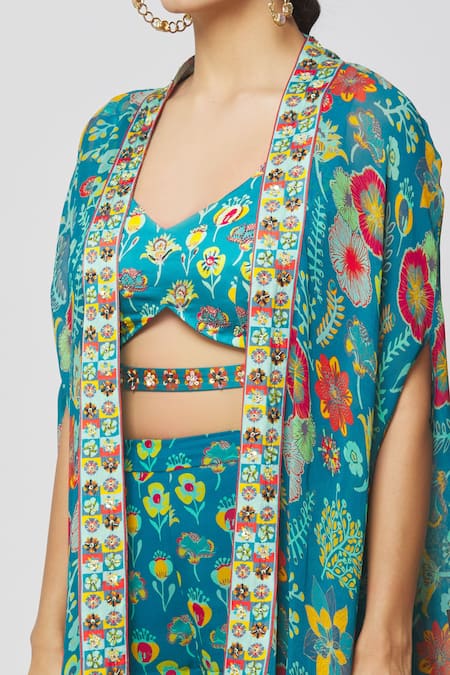 Shop_DiyaRajvvir_Blue Georgette Embroidery, Sequins Scoop Neck Printed Cape And Gharara Set _Online_at_Aza_Fashions