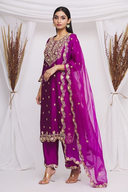 Surbhi Shah_Purple Spun Silk Floral Motifs Round Embroidered Kurta Set_Online_at_Aza_Fashions