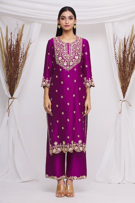 Buy_Surbhi Shah_Purple Spun Silk Floral Motifs Round Embroidered Kurta Set_Online_at_Aza_Fashions
