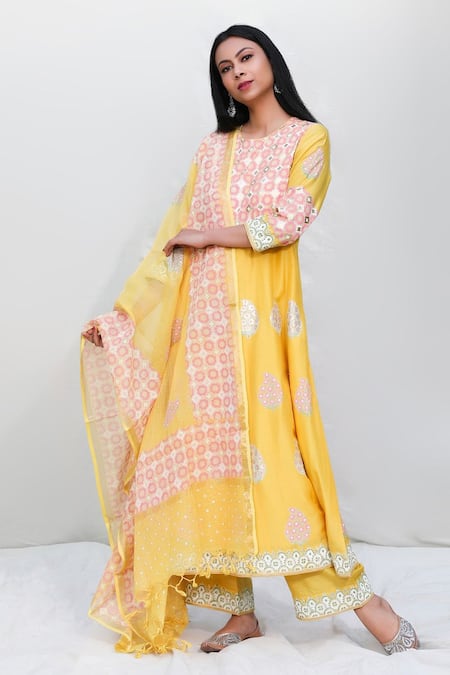 Abbaran Foil Block Print Anarkali Set 