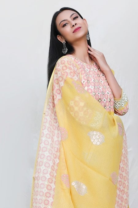 Buy_Abbaran_Yellow Cotton Silk Dupatta Handloom Kota Round Foil Block Print Anarkali Set _Online_at_Aza_Fashions
