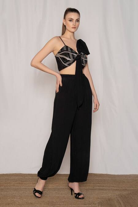 Amrta By Guneet Kondal_Black Viscose Beads, Sequins V-neck Embellished Draped Top And Pant Set_at_Aza_Fashions
