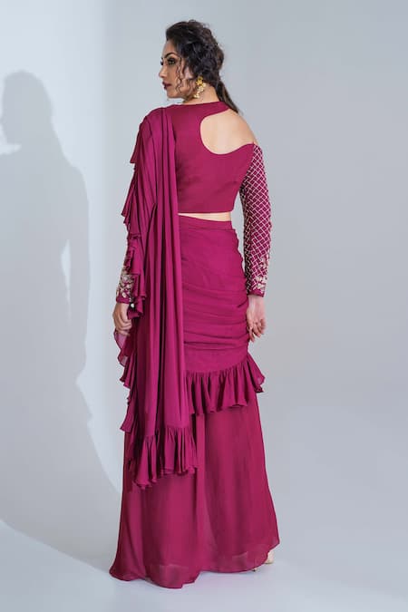 Shop_Suruchi Parakh_Purple Georgette Crepe Lining Shantoon Sequin, Pre-draped Pant Saree Set _at_Aza_Fashions