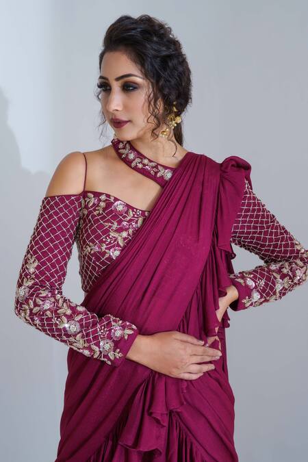 Buy_Suruchi Parakh_Purple Georgette Crepe Lining Shantoon Sequin, Pre-draped Pant Saree Set _Online_at_Aza_Fashions