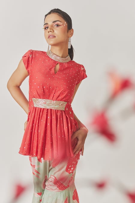 Anu Pellakuru_Red Muslin, Silk Cut Work, Sequins, Embroidery High Embellished Top With Sharara_at_Aza_Fashions