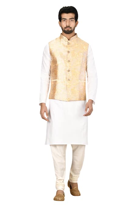 Shop_Arihant Rai Sinha_Gold Silk, Cotton Embroidery Floral Printed Bundi And Kurta Set _Online_at_Aza_Fashions