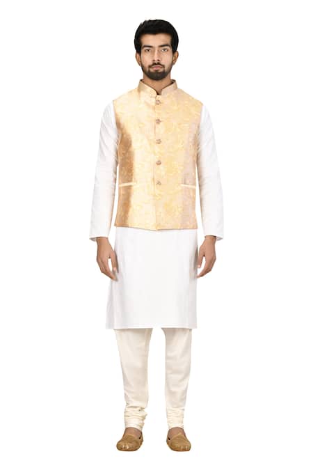 Buy_Arihant Rai Sinha_Gold Silk, Cotton Embroidery Floral Printed Bundi And Kurta Set _Online_at_Aza_Fashions