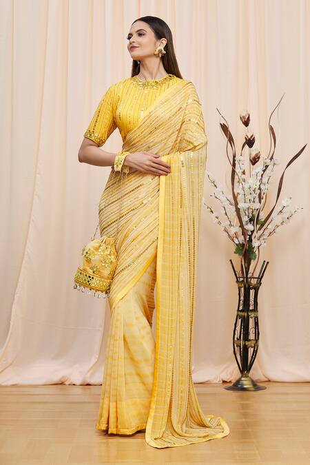 Yoshita Couture_Yellow Round Zola Tie And Dye Saree With Blouse _Online_at_Aza_Fashions