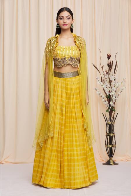 Buy_Yoshita Couture_Yellow Border Satin, Lehenga And Blouse Georgette, Sunny Tie Dye Set With _Online_at_Aza_Fashions
