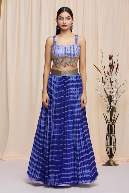 Yoshita Couture_Blue Border Satin, Lehenga And Blouse Georgette, Lining Azuro Tie Dye Set With _Online_at_Aza_Fashions