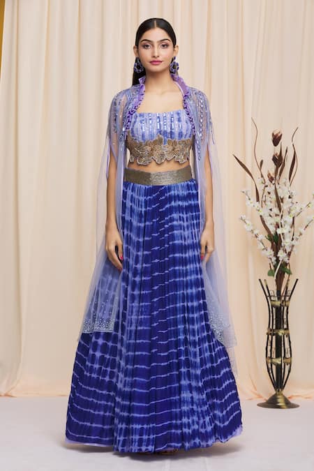 Buy_Yoshita Couture_Blue Border Satin, Lehenga And Blouse Georgette, Lining Azuro Tie Dye Set With _Online_at_Aza_Fashions