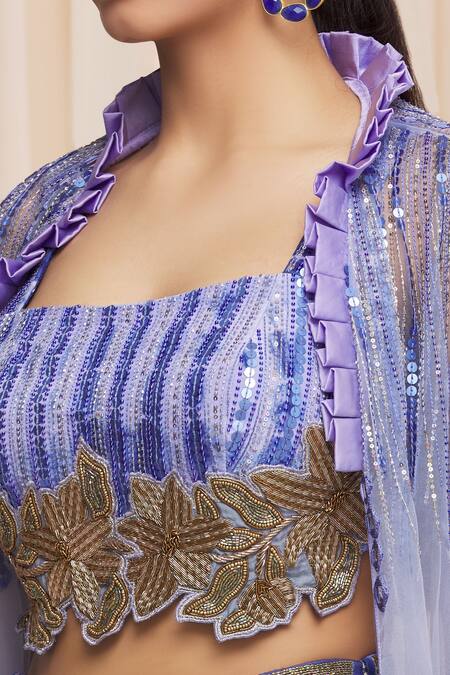 Shop_Yoshita Couture_Blue Border Satin, Lehenga And Blouse Georgette, Lining Azuro Tie Dye Set With _Online_at_Aza_Fashions