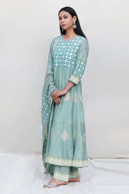 Abbaran Foil Block Print Anarkali Set 