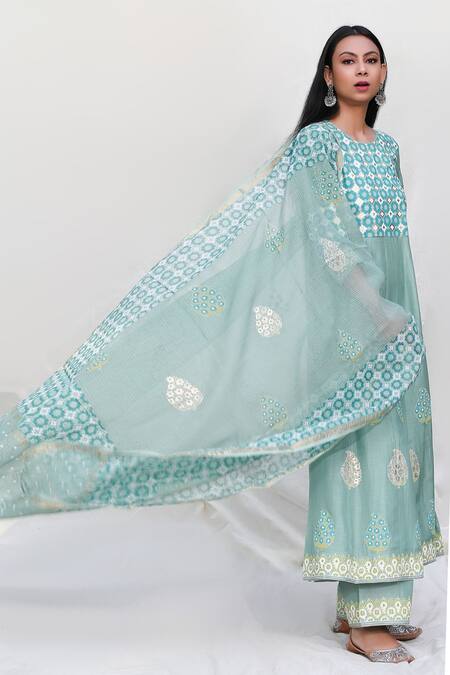 Buy_Abbaran_Green Cotton Silk Dupatta Handloom Kota Round Foil Block Print Anarkali Set _Online_at_Aza_Fashions